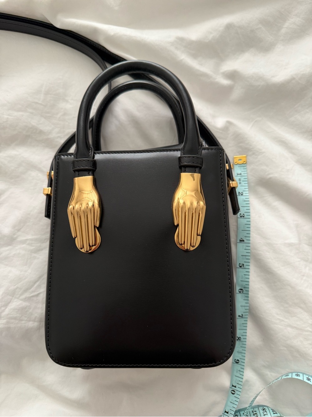 Zorrna Aieda Black saffiano Leather Top Handle Crossbody w/ Gold Hand Accents - Picture 10 of 10